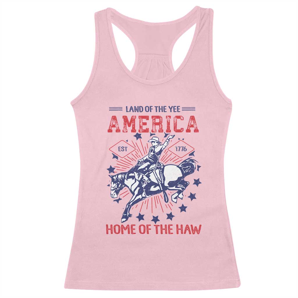 Funny 4th of July Western Cowboy Racerback Tank Top America Land Of The Yee Home Of The Haw - Wonder Print Shop