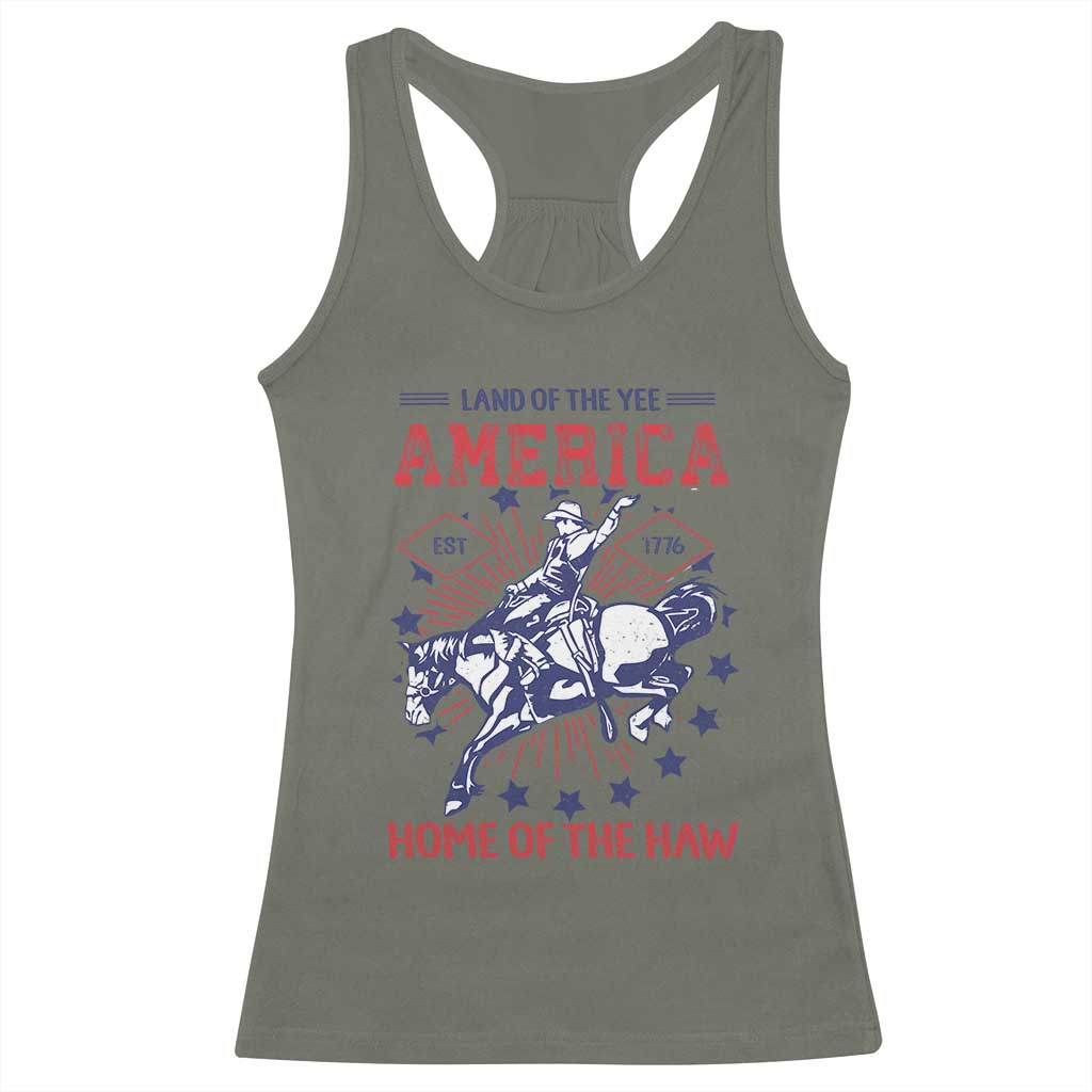 Funny 4th of July Western Cowboy Racerback Tank Top America Land Of The Yee Home Of The Haw - Wonder Print Shop