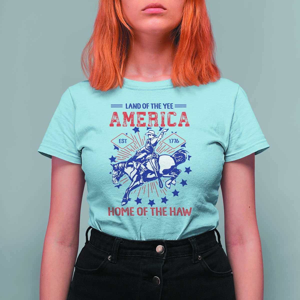 Funny 4th of July Western Cowboy T Shirt For Women America Land Of The Yee Home Of The Haw - Wonder Print Shop