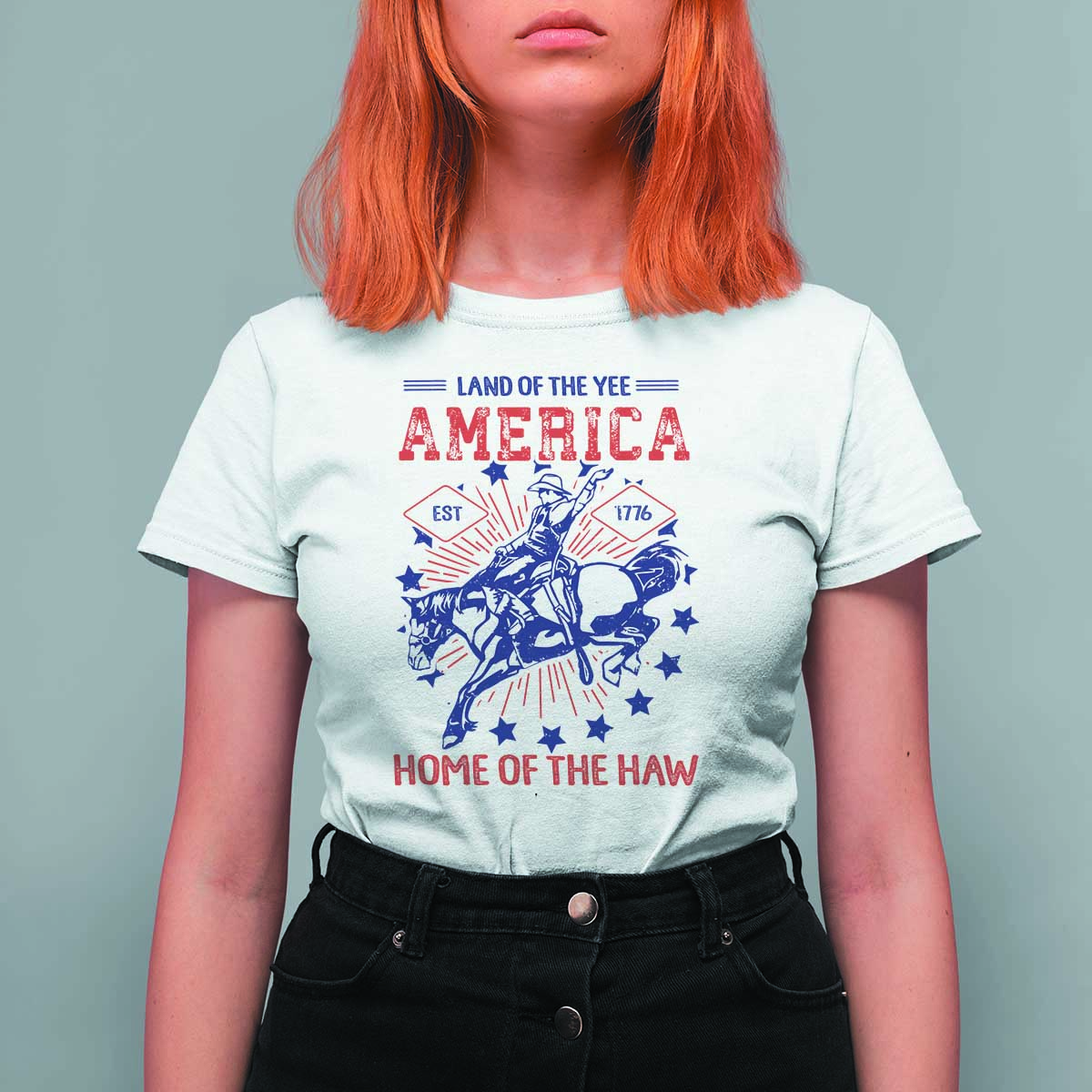 Funny 4th of July Western Cowboy T Shirt For Women America Land Of The Yee Home Of The Haw - Wonder Print Shop