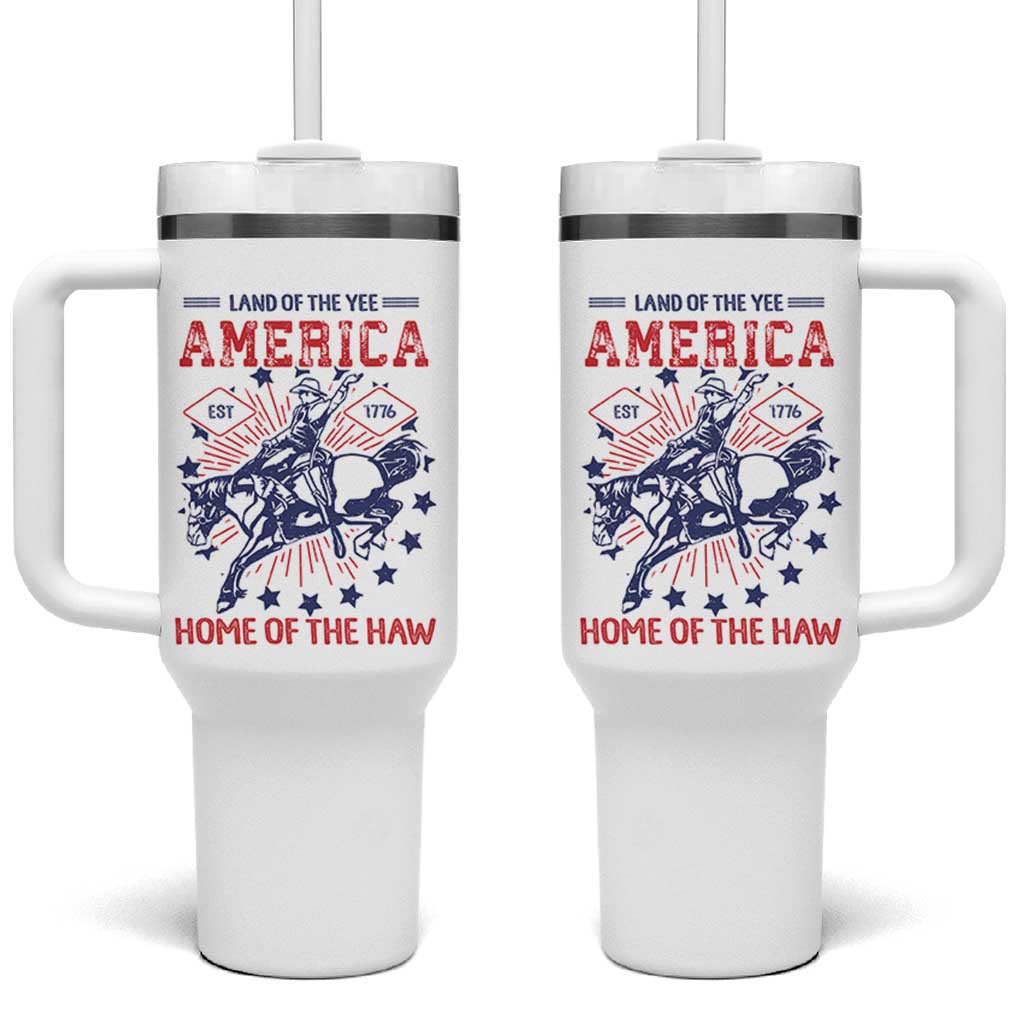 Funny 4th of July Western Cowboy Tumbler With Handle America Land Of The Yee Home Of The Haw - Wonder Print Shop