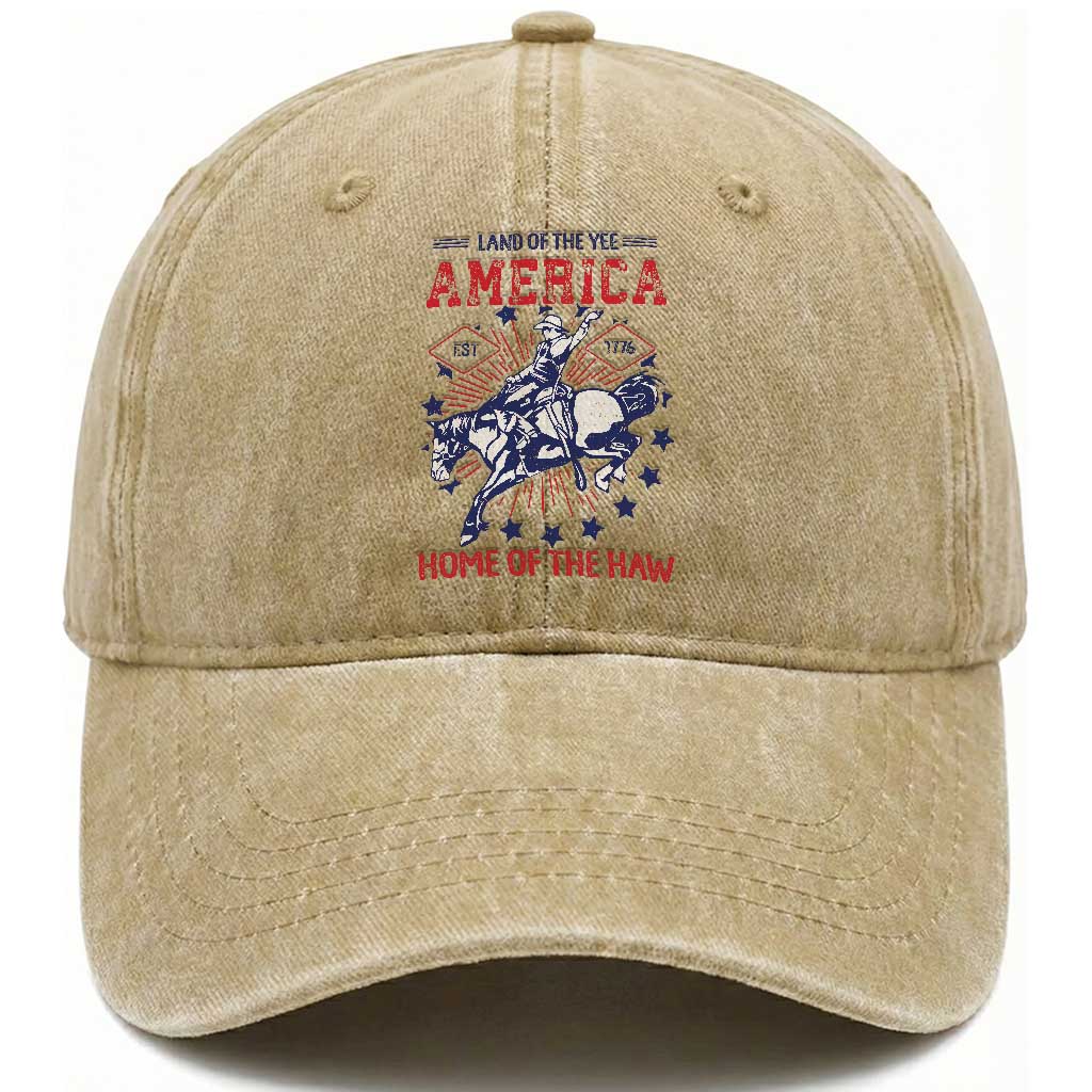 Funny 4th of July Western Cowboy Washed Cotton Baseball Cap America Land Of The Yee Home Of The Haw