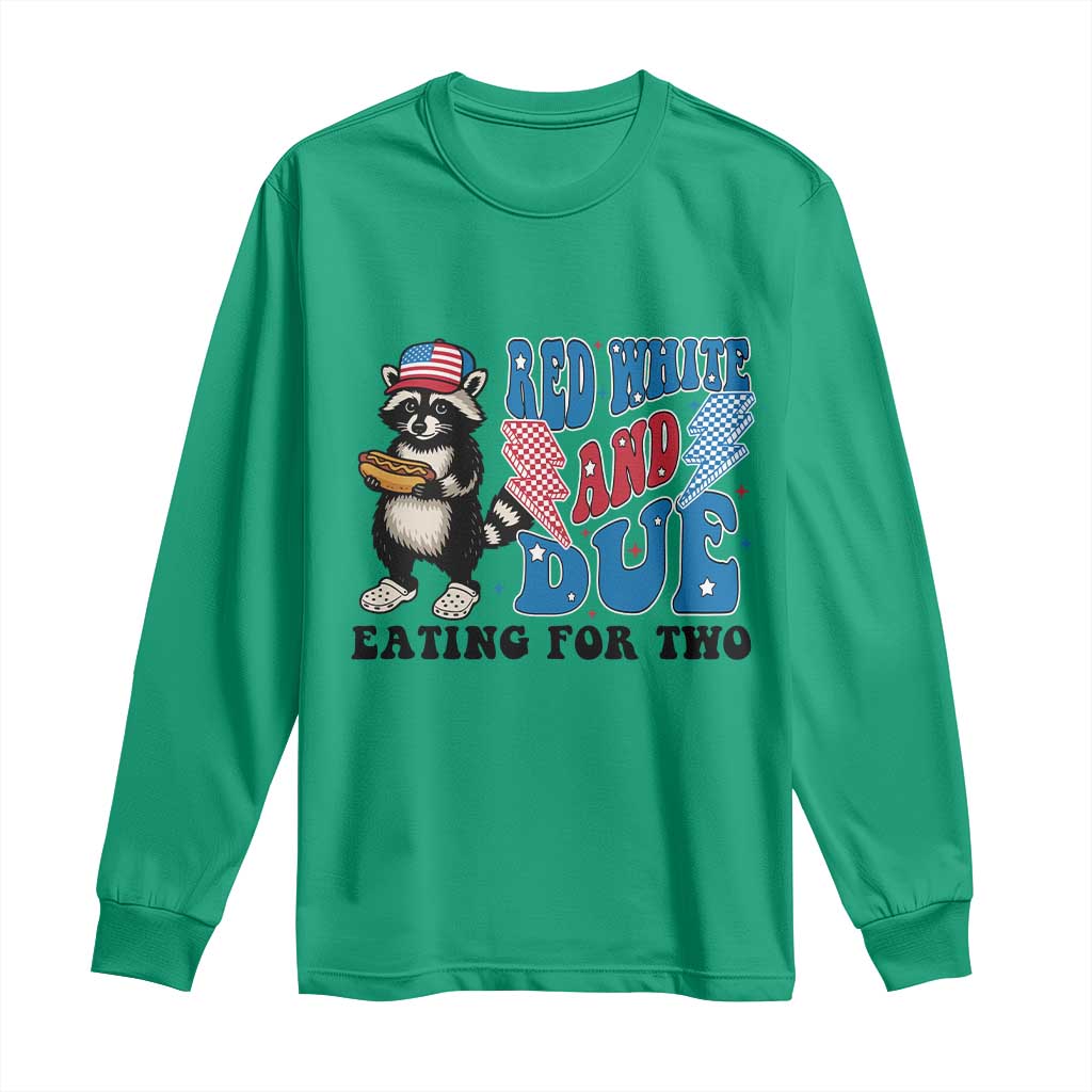 Funny 4th Of July Pregnancy Announcement Racoon Long Sleeve Shirt Red White And Due Eating For Two - Wonder Print Shop