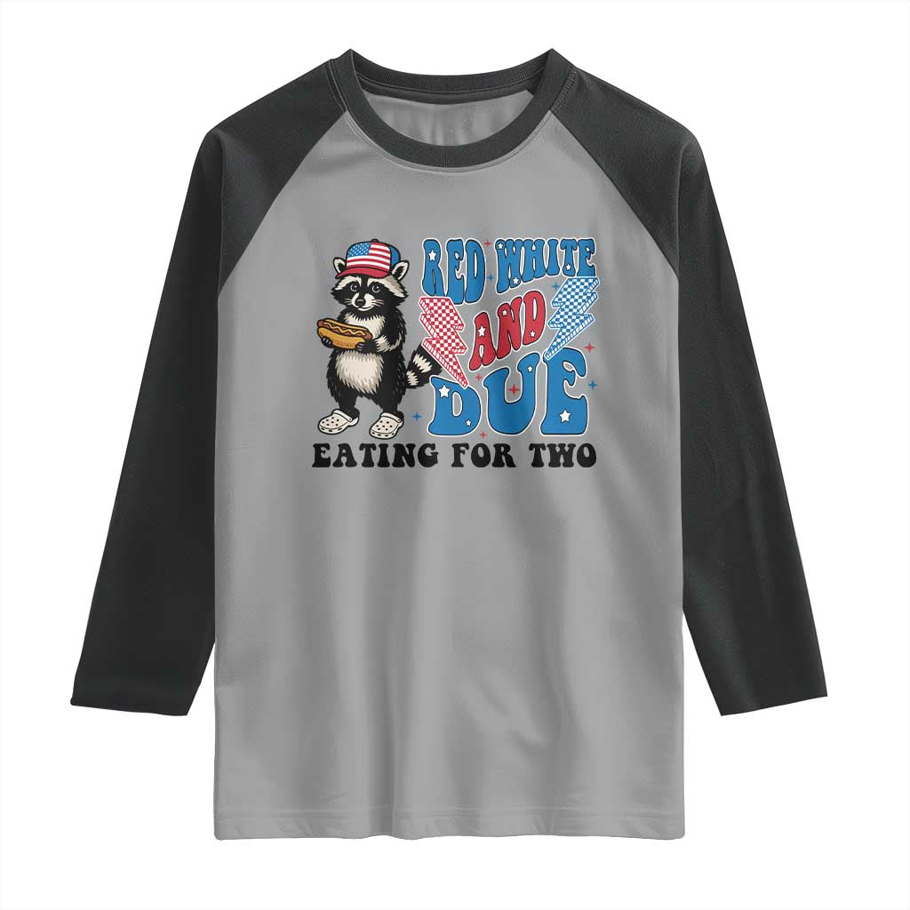 Funny 4th Of July Pregnancy Announcement Racoon Raglan Shirt Red White And Due Eating For Two - Wonder Print Shop