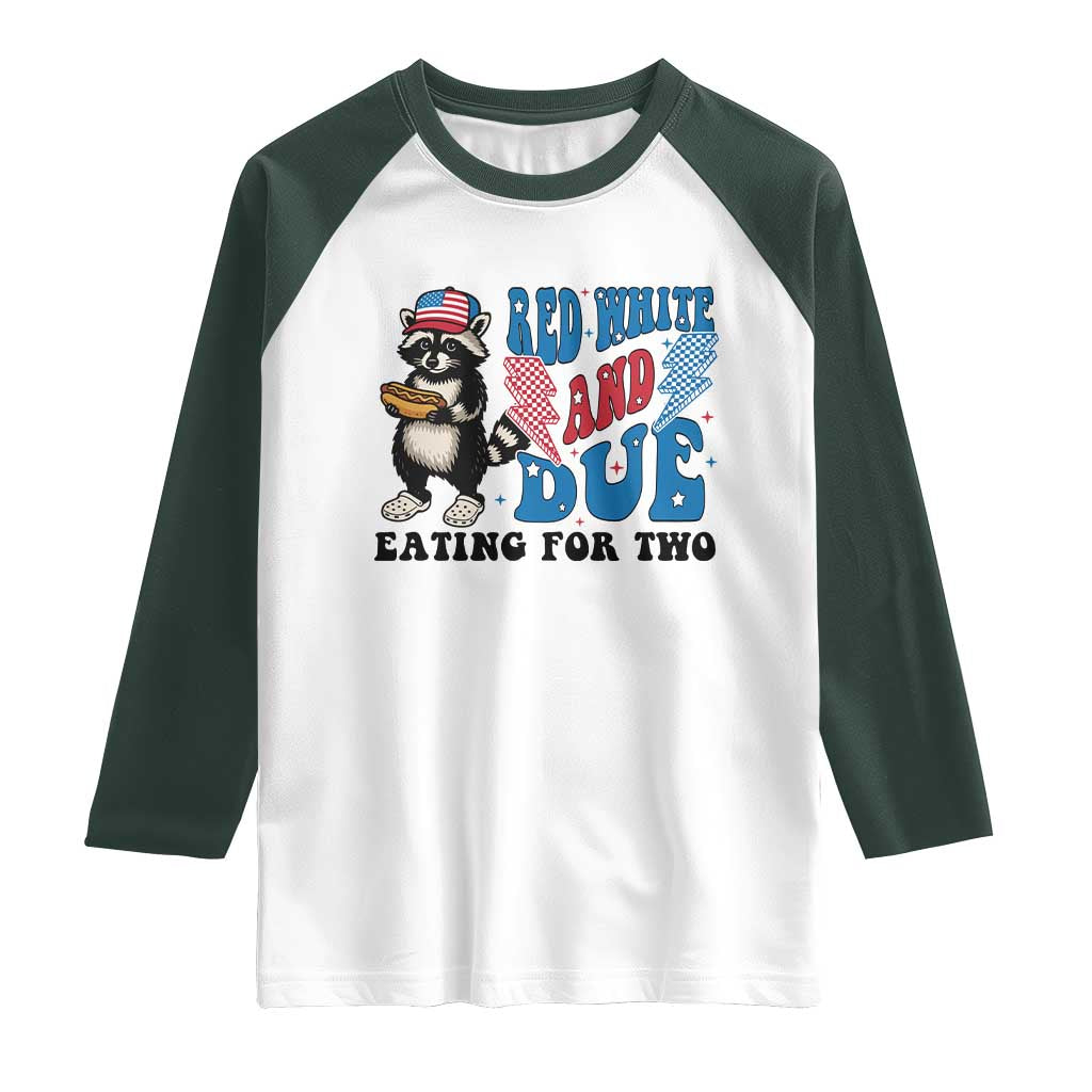 Funny 4th Of July Pregnancy Announcement Racoon Raglan Shirt Red White And Due Eating For Two - Wonder Print Shop