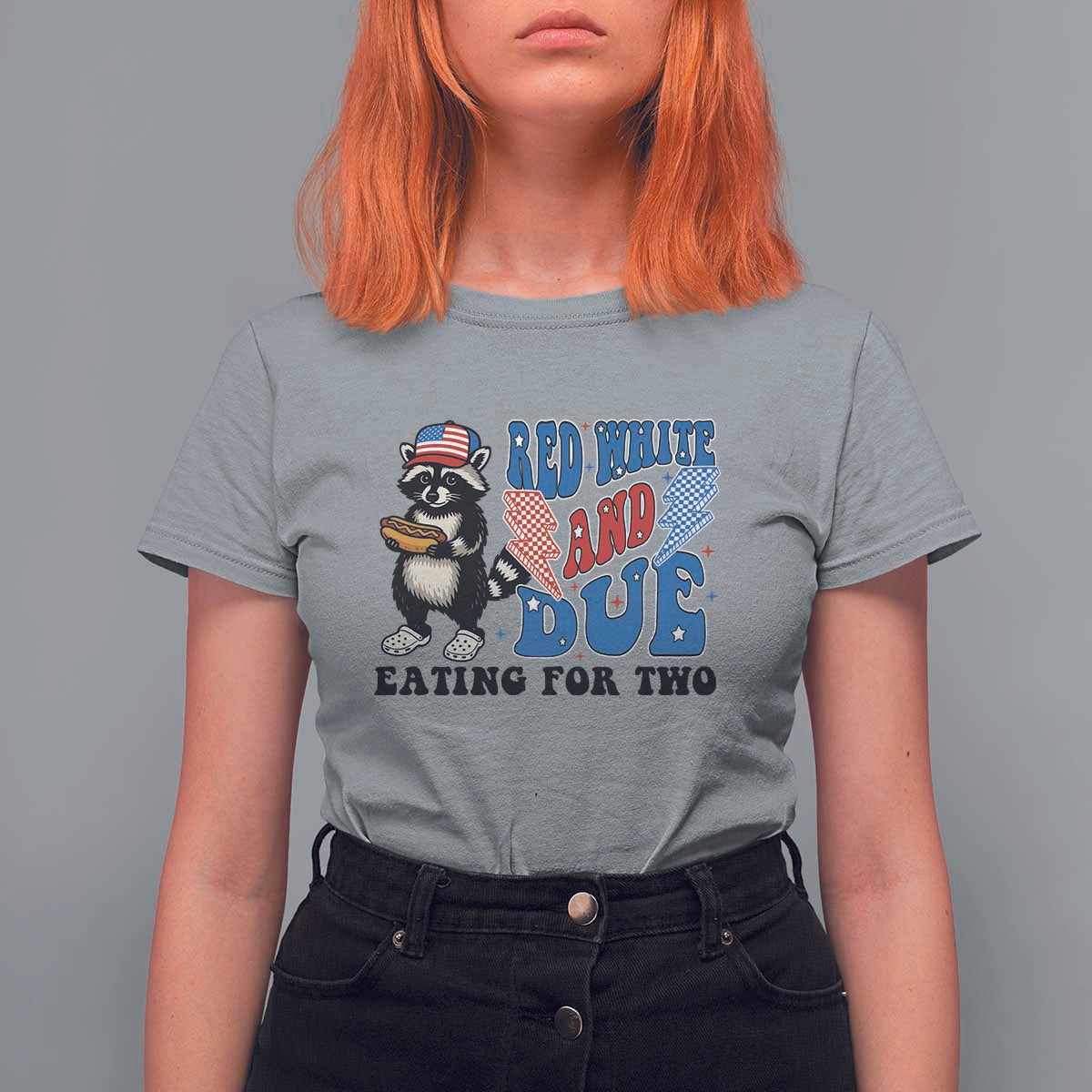 Funny 4th Of July Pregnancy Announcement Racoon T Shirt For Women Red White And Due Eating For Two - Wonder Print Shop