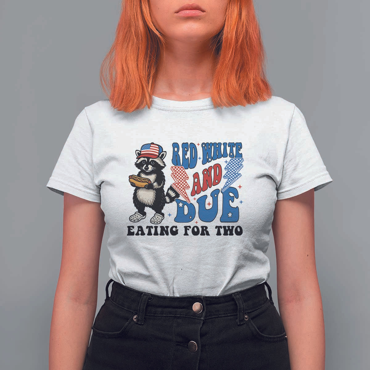 Funny 4th Of July Pregnancy Announcement Racoon T Shirt For Women Red White And Due Eating For Two - Wonder Print Shop