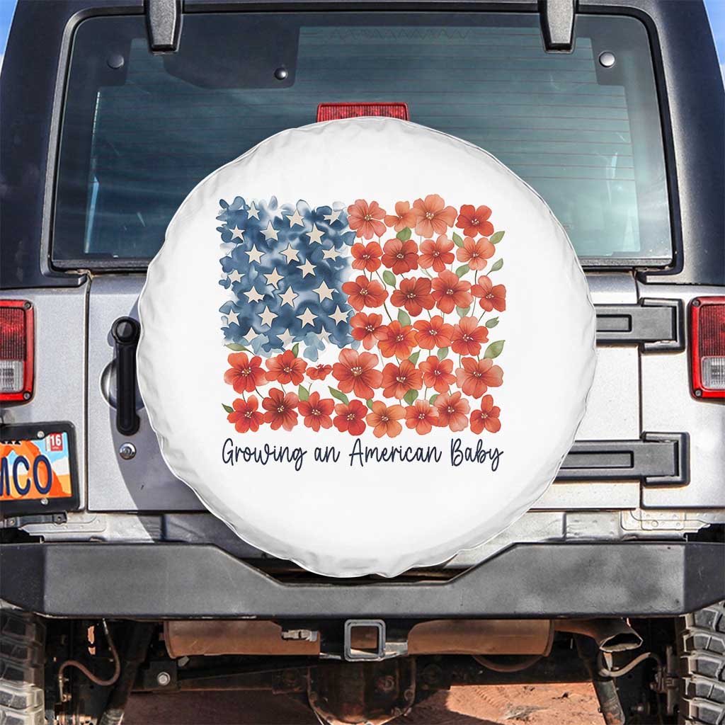 Funny 4th Of July Pregnancy Announcement Spare Tire Cover Growing An American Baby USA Flag Flowers - Wonder Print Shop