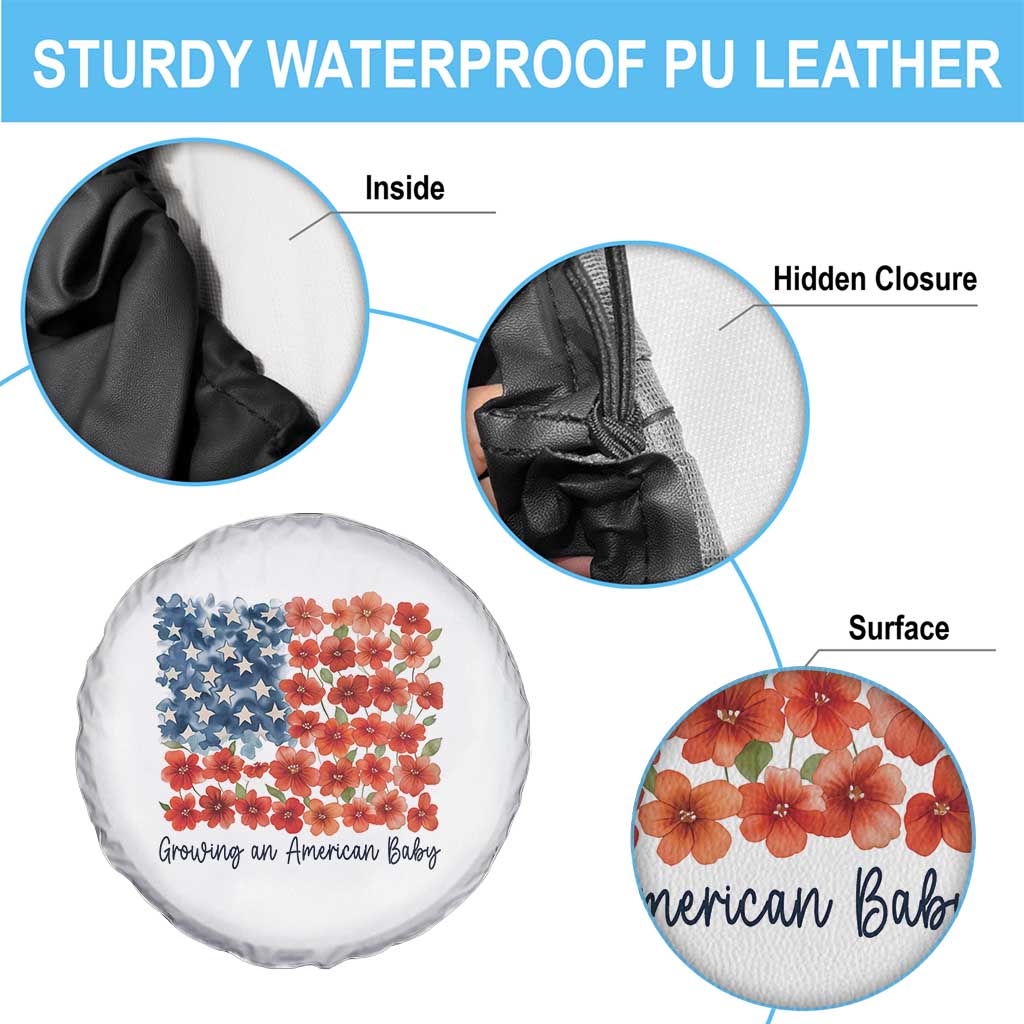 Funny 4th Of July Pregnancy Announcement Spare Tire Cover Growing An American Baby USA Flag Flowers - Wonder Print Shop