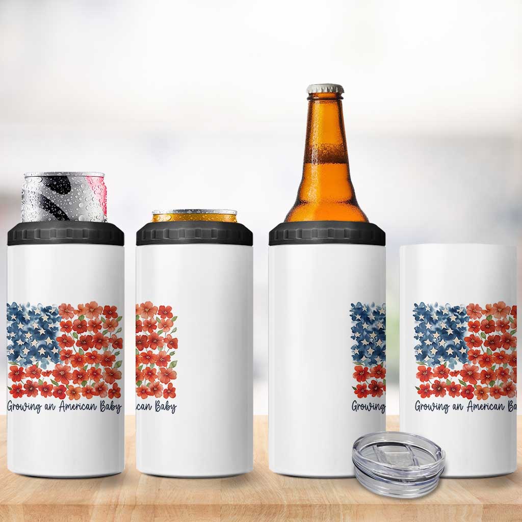 Funny 4th Of July Pregnancy Announcement 4 in 1 Can Cooler Tumbler Growing An American Baby USA Flag Flowers - Wonder Print Shop