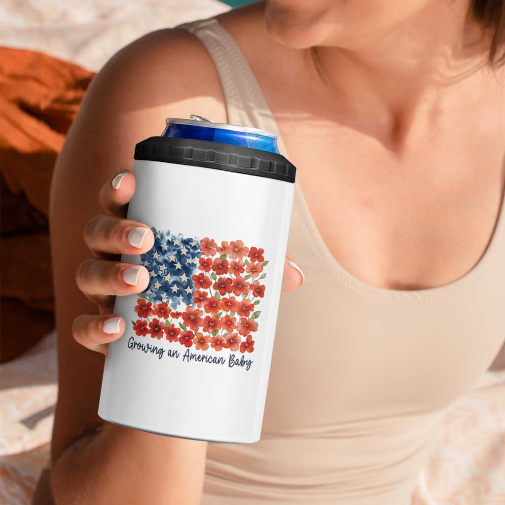 Funny 4th Of July Pregnancy Announcement 4 in 1 Can Cooler Tumbler Growing An American Baby USA Flag Flowers - Wonder Print Shop