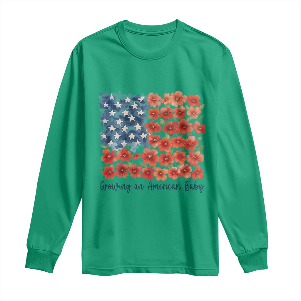 Funny 4th Of July Pregnancy Announcement Long Sleeve Shirt Growing An American Baby USA Flag Flowers - Wonder Print Shop