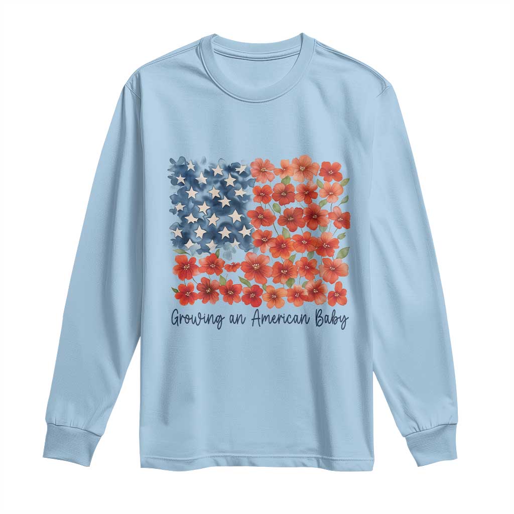 Funny 4th Of July Pregnancy Announcement Long Sleeve Shirt Growing An American Baby USA Flag Flowers - Wonder Print Shop