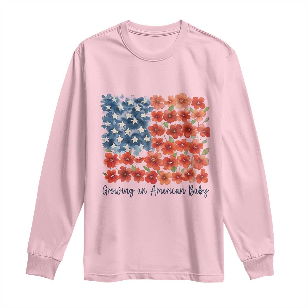 Funny 4th Of July Pregnancy Announcement Long Sleeve Shirt Growing An American Baby USA Flag Flowers - Wonder Print Shop