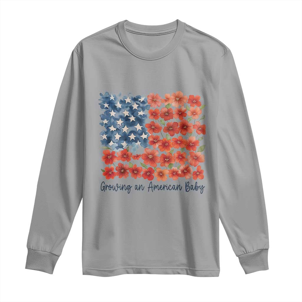 Funny 4th Of July Pregnancy Announcement Long Sleeve Shirt Growing An American Baby USA Flag Flowers - Wonder Print Shop