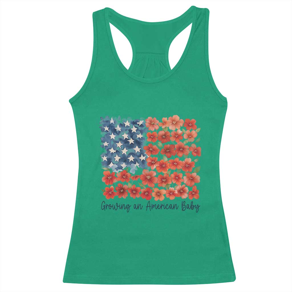 Funny 4th Of July Pregnancy Announcement Racerback Tank Top Growing An American Baby USA Flag Flowers - Wonder Print Shop