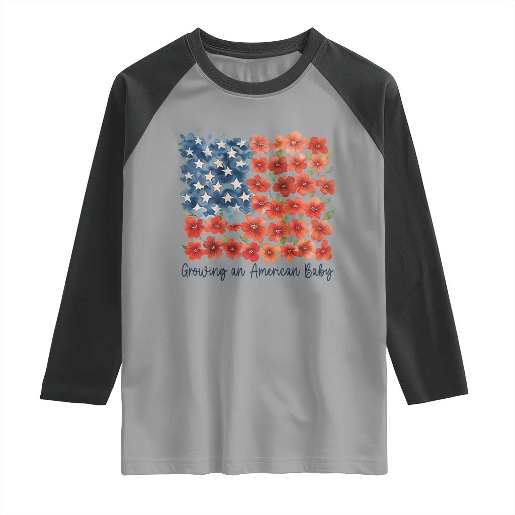 Funny 4th Of July Pregnancy Announcement Raglan Shirt Growing An American Baby USA Flag Flowers - Wonder Print Shop