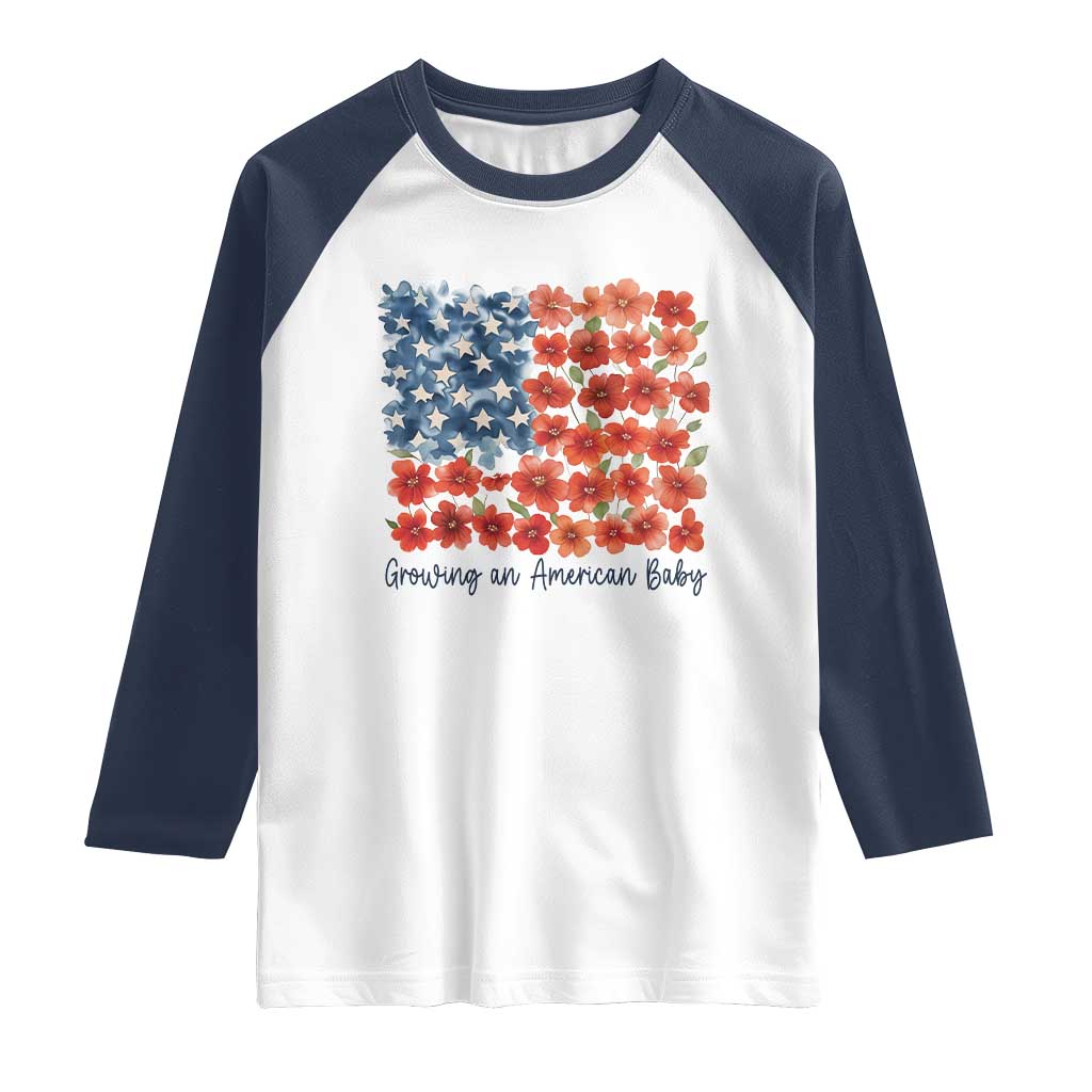 Funny 4th Of July Pregnancy Announcement Raglan Shirt Growing An American Baby USA Flag Flowers - Wonder Print Shop