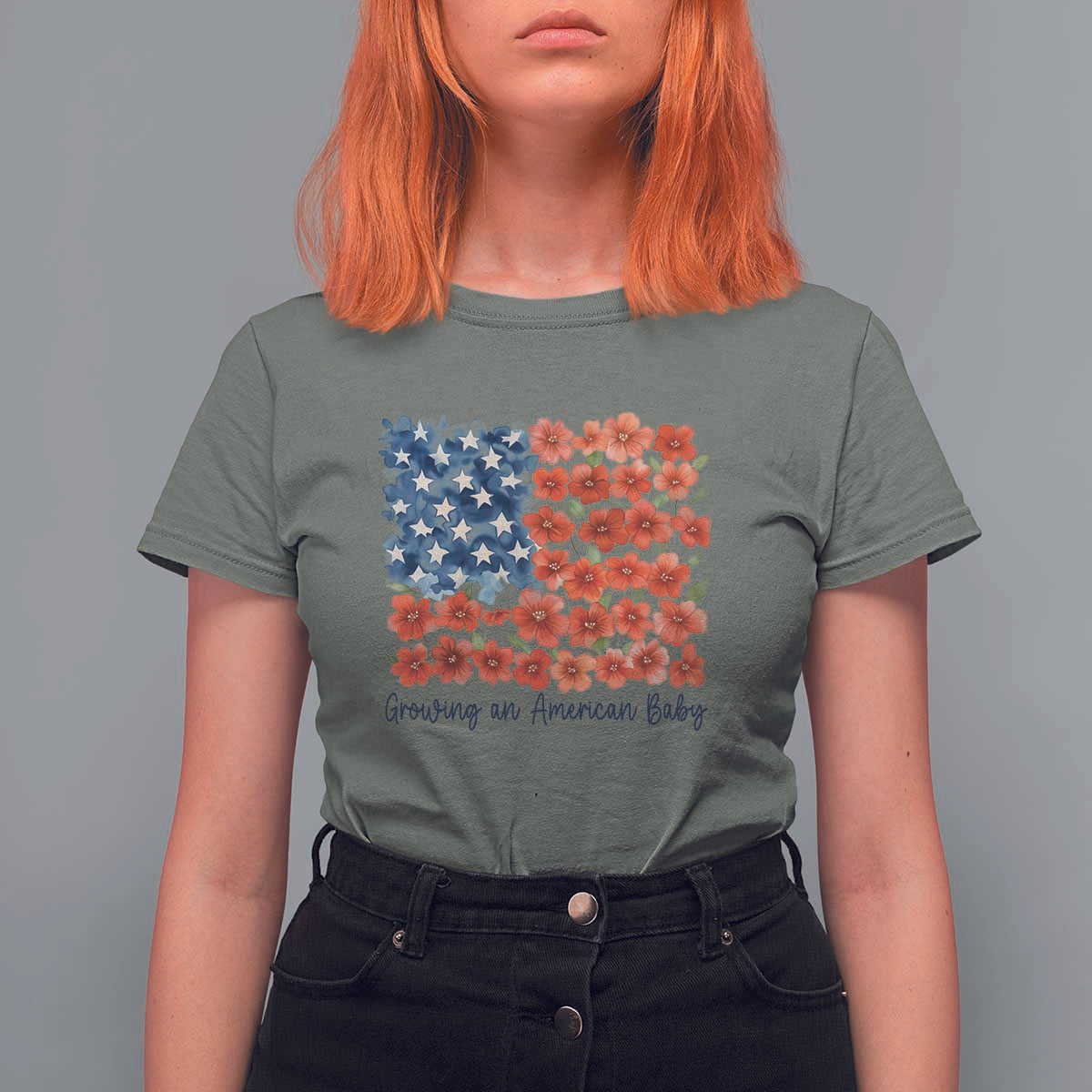 Funny 4th Of July Pregnancy Announcement T Shirt For Women Growing An American Baby USA Flag Flowers - Wonder Print Shop