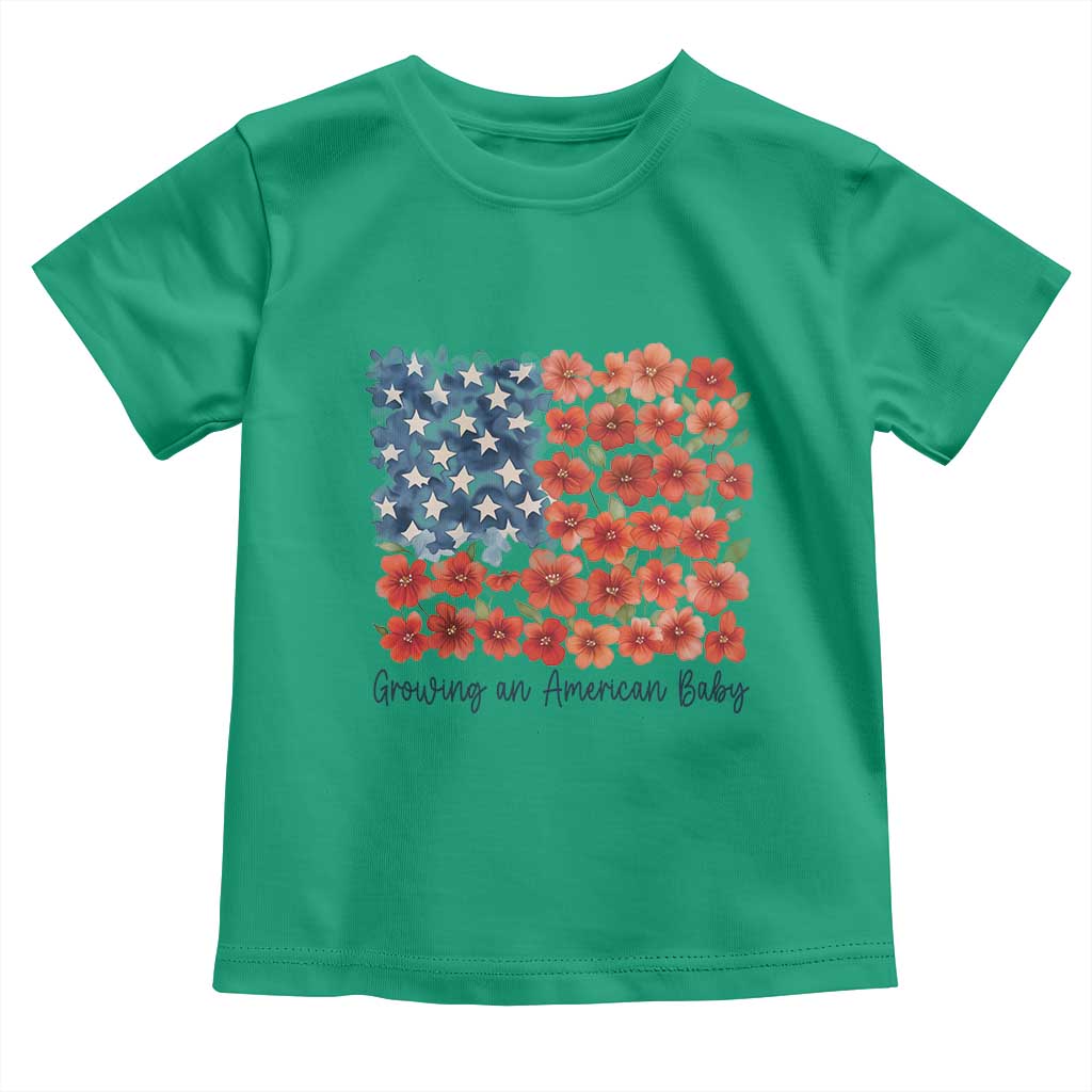 Funny 4th Of July Pregnancy Announcement Toddler T Shirt Growing An American Baby USA Flag Flowers - Wonder Print Shop