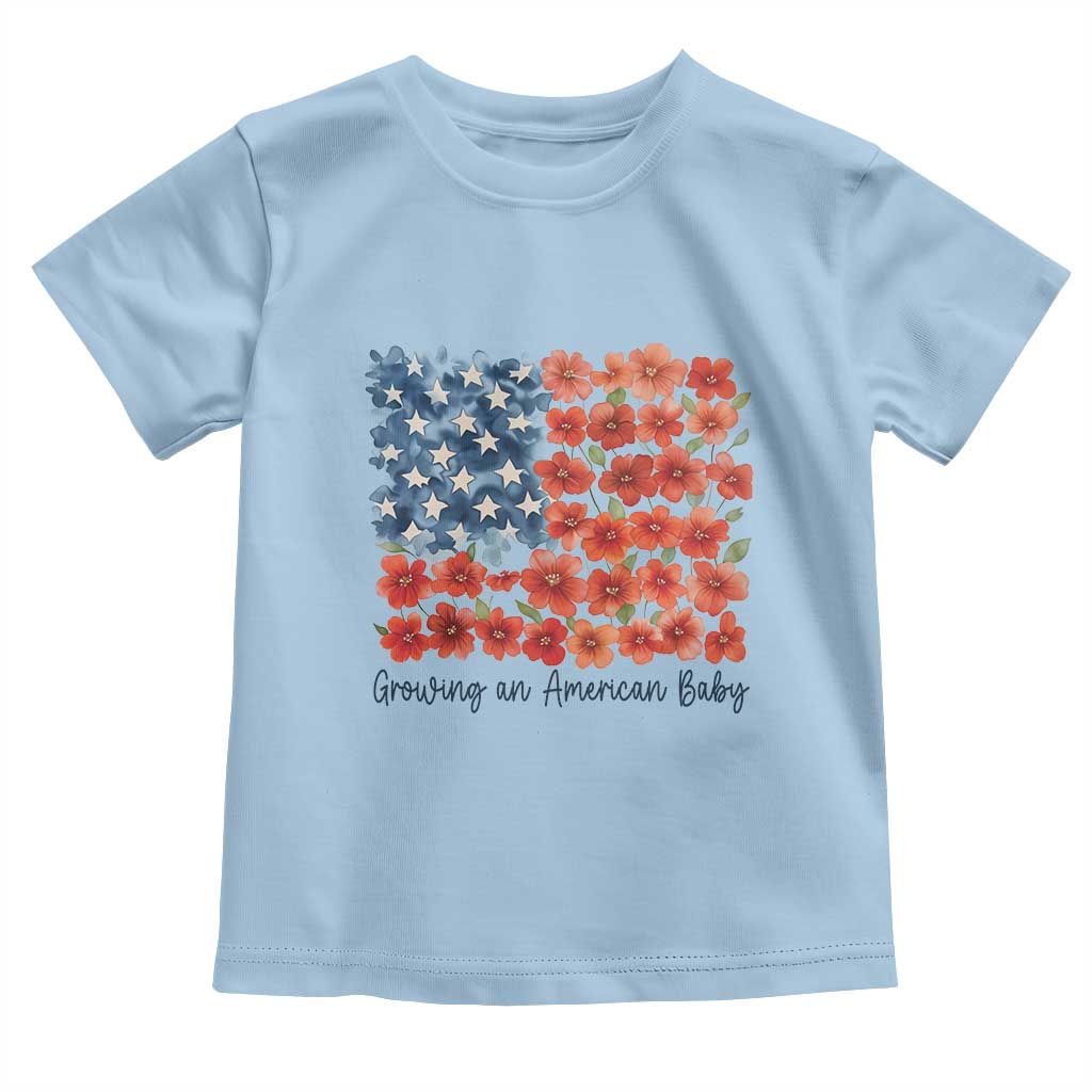 Funny 4th Of July Pregnancy Announcement Toddler T Shirt Growing An American Baby USA Flag Flowers - Wonder Print Shop