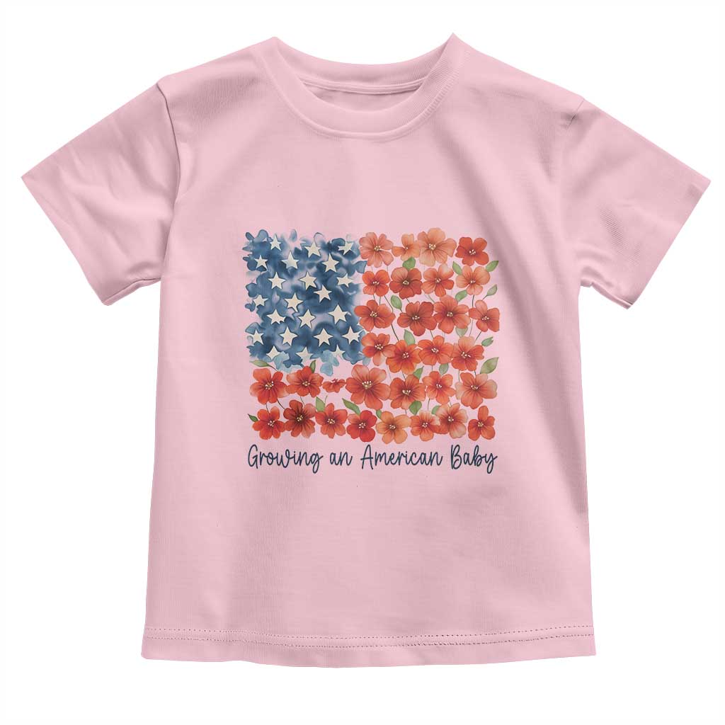 Funny 4th Of July Pregnancy Announcement Toddler T Shirt Growing An American Baby USA Flag Flowers - Wonder Print Shop
