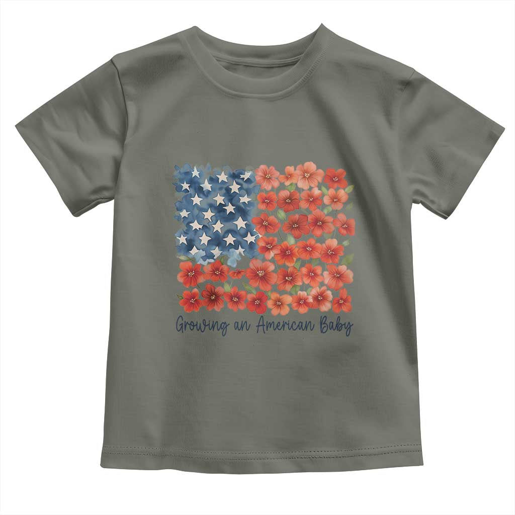 Funny 4th Of July Pregnancy Announcement Toddler T Shirt Growing An American Baby USA Flag Flowers - Wonder Print Shop