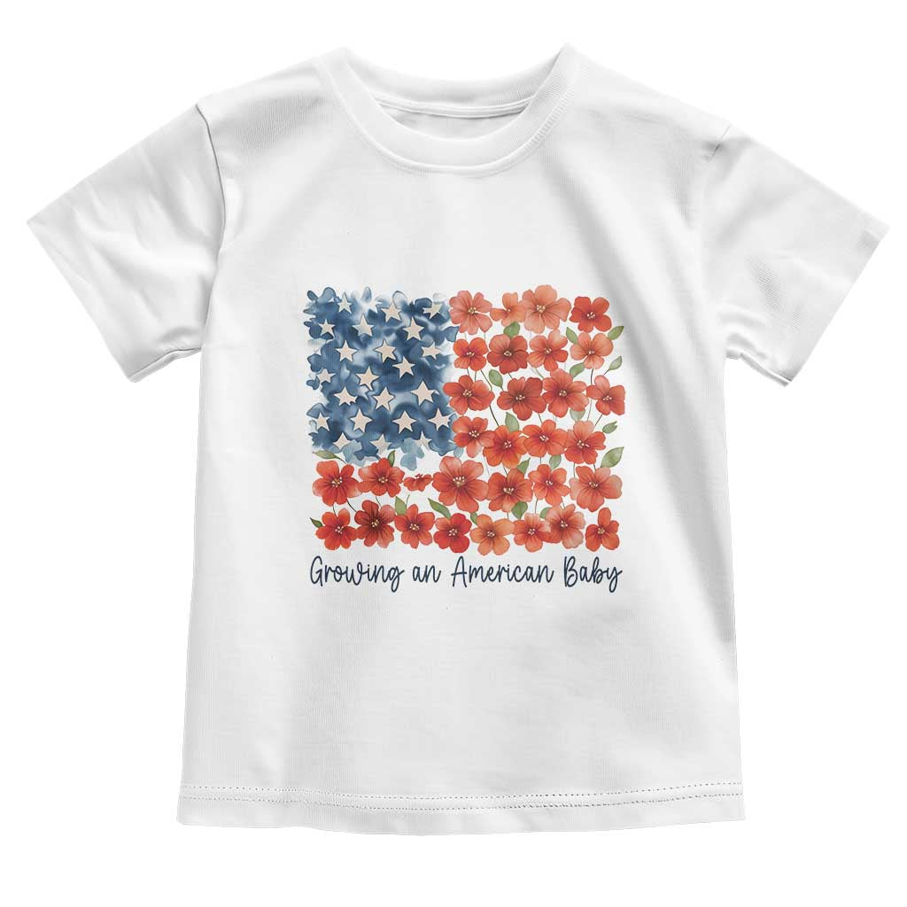 Funny 4th Of July Pregnancy Announcement Toddler T Shirt Growing An American Baby USA Flag Flowers - Wonder Print Shop