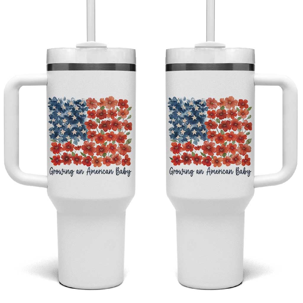 Funny 4th Of July Pregnancy Announcement Tumbler With Handle Growing An American Baby USA Flag Flowers - Wonder Print Shop