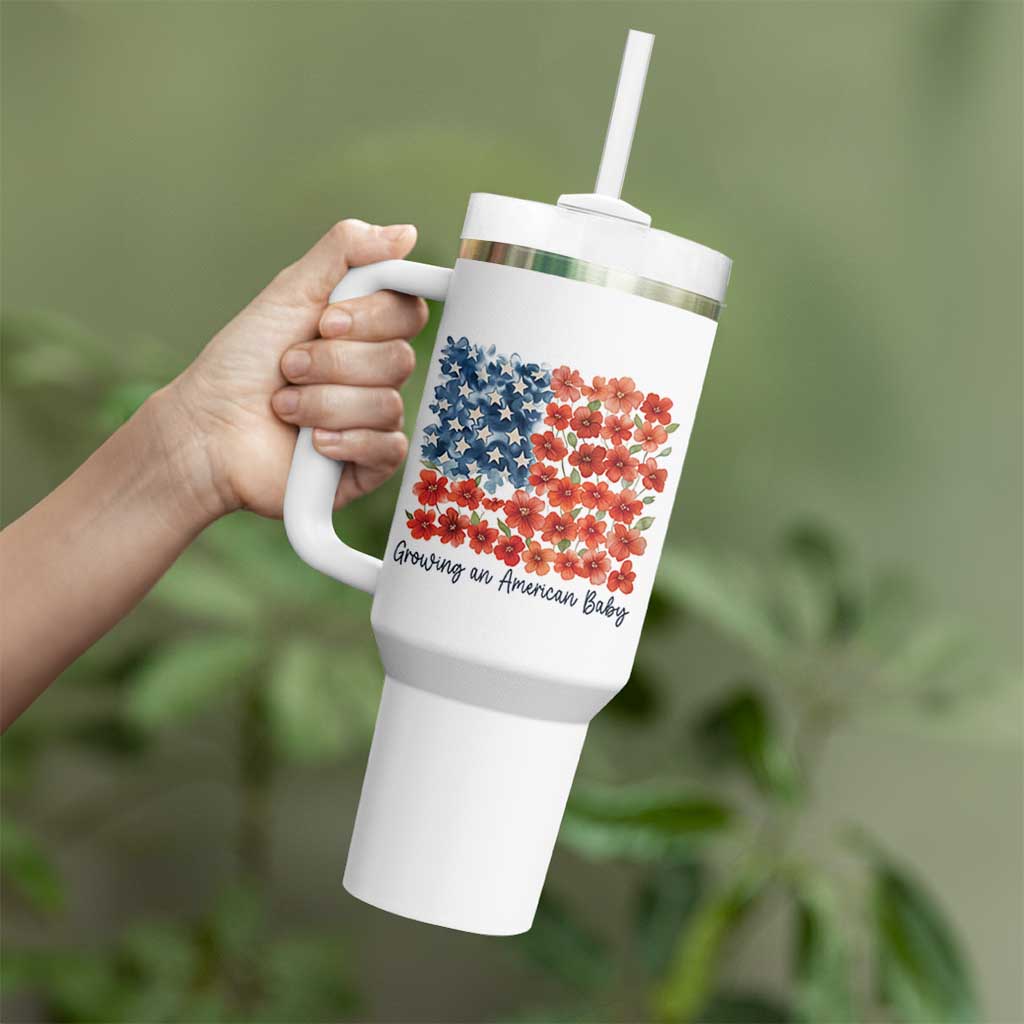 Funny 4th Of July Pregnancy Announcement Tumbler With Handle Growing An American Baby USA Flag Flowers - Wonder Print Shop