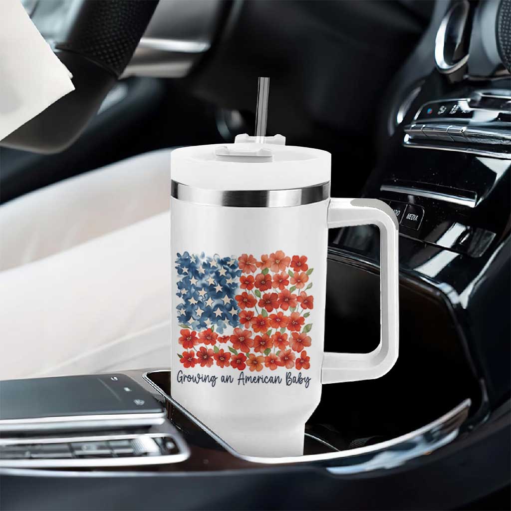 Funny 4th Of July Pregnancy Announcement Tumbler With Handle Growing An American Baby USA Flag Flowers - Wonder Print Shop