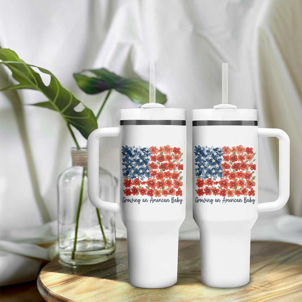 Funny 4th Of July Pregnancy Announcement Tumbler With Handle Growing An American Baby USA Flag Flowers - Wonder Print Shop