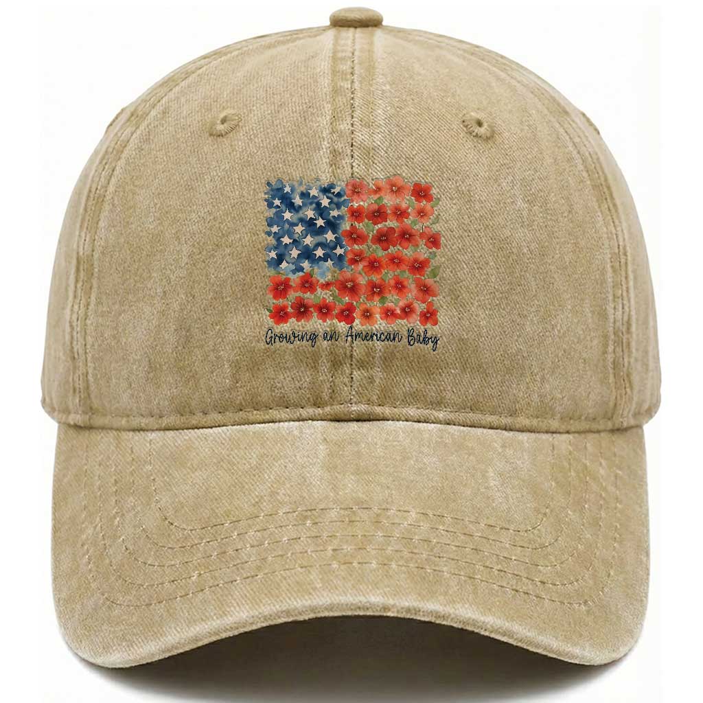Funny 4th Of July Pregnancy Announcement Washed Cotton Baseball Cap Growing An American Baby USA Flag Flowers