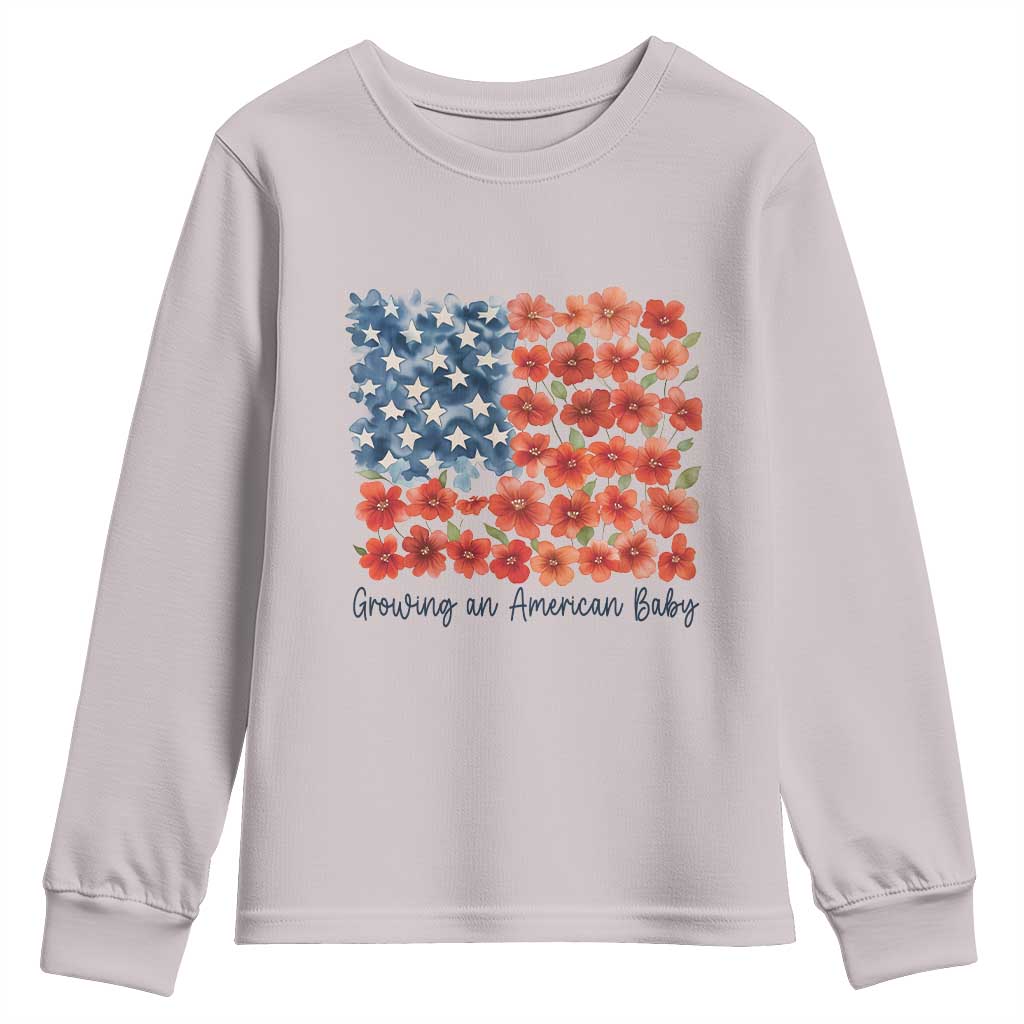 Funny 4th Of July Pregnancy Announcement Youth Sweatshirt Growing An American Baby USA Flag Flowers - Wonder Print Shop