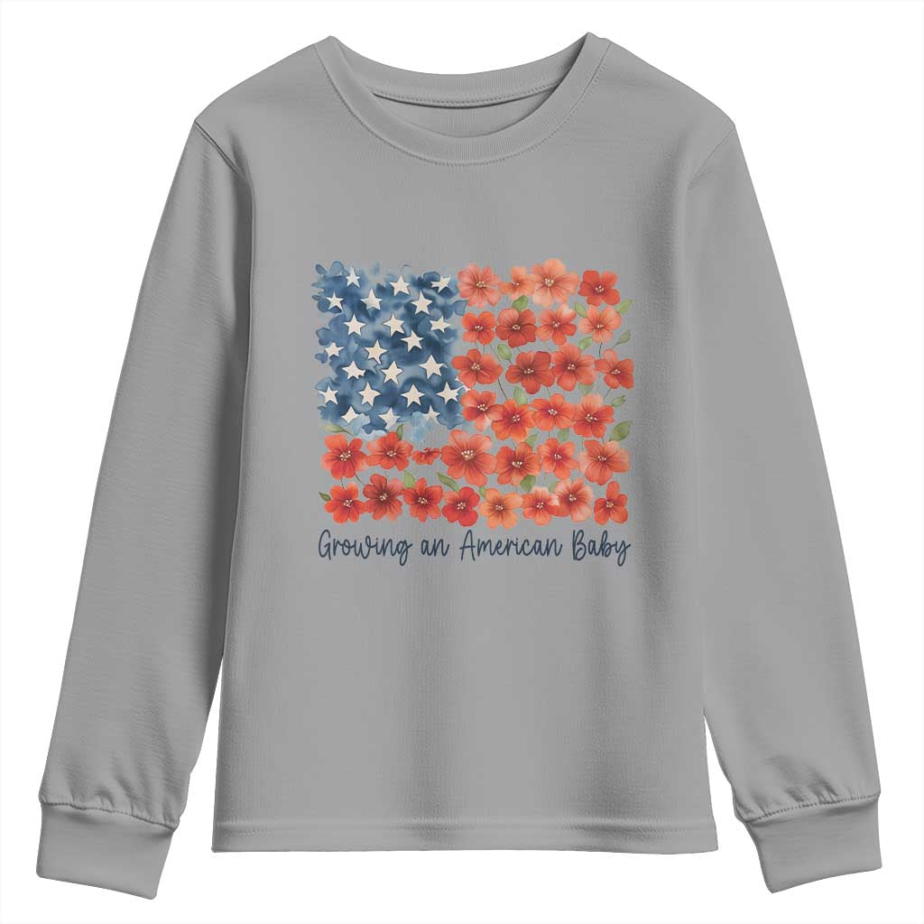 Funny 4th Of July Pregnancy Announcement Youth Sweatshirt Growing An American Baby USA Flag Flowers - Wonder Print Shop