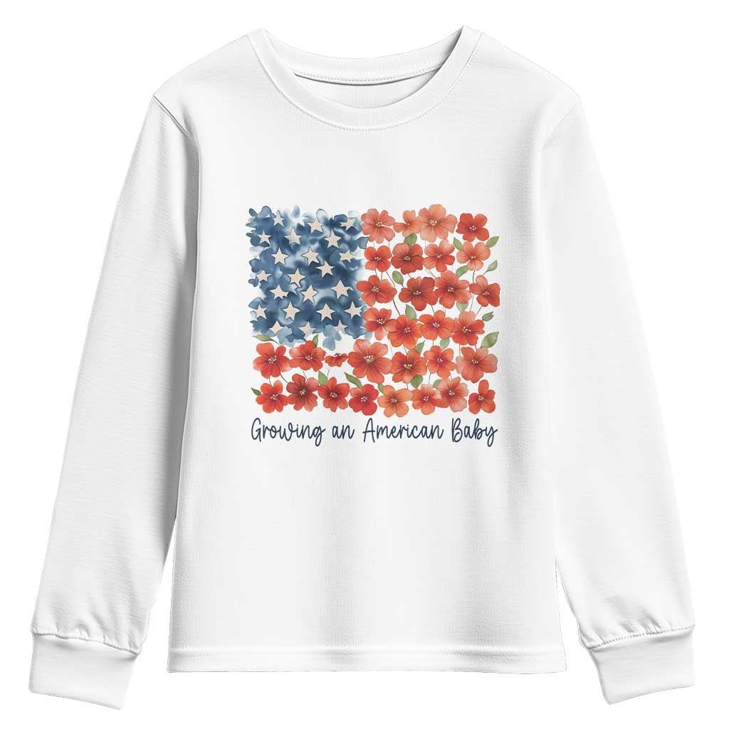 Funny 4th Of July Pregnancy Announcement Youth Sweatshirt Growing An American Baby USA Flag Flowers - Wonder Print Shop