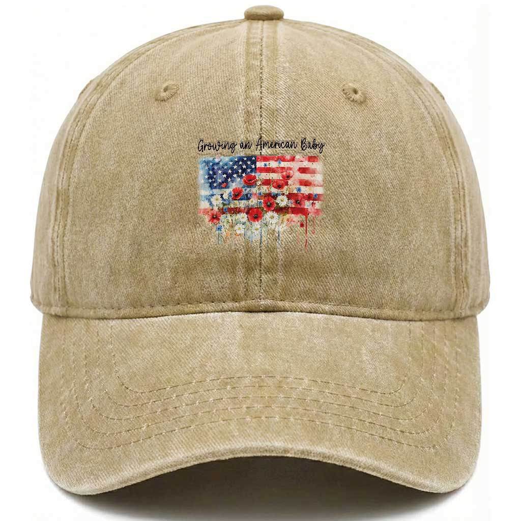 Funny 4th Of July Pregnancy Announcement Washed Cotton Baseball Cap Growing An American Baby USA Flag