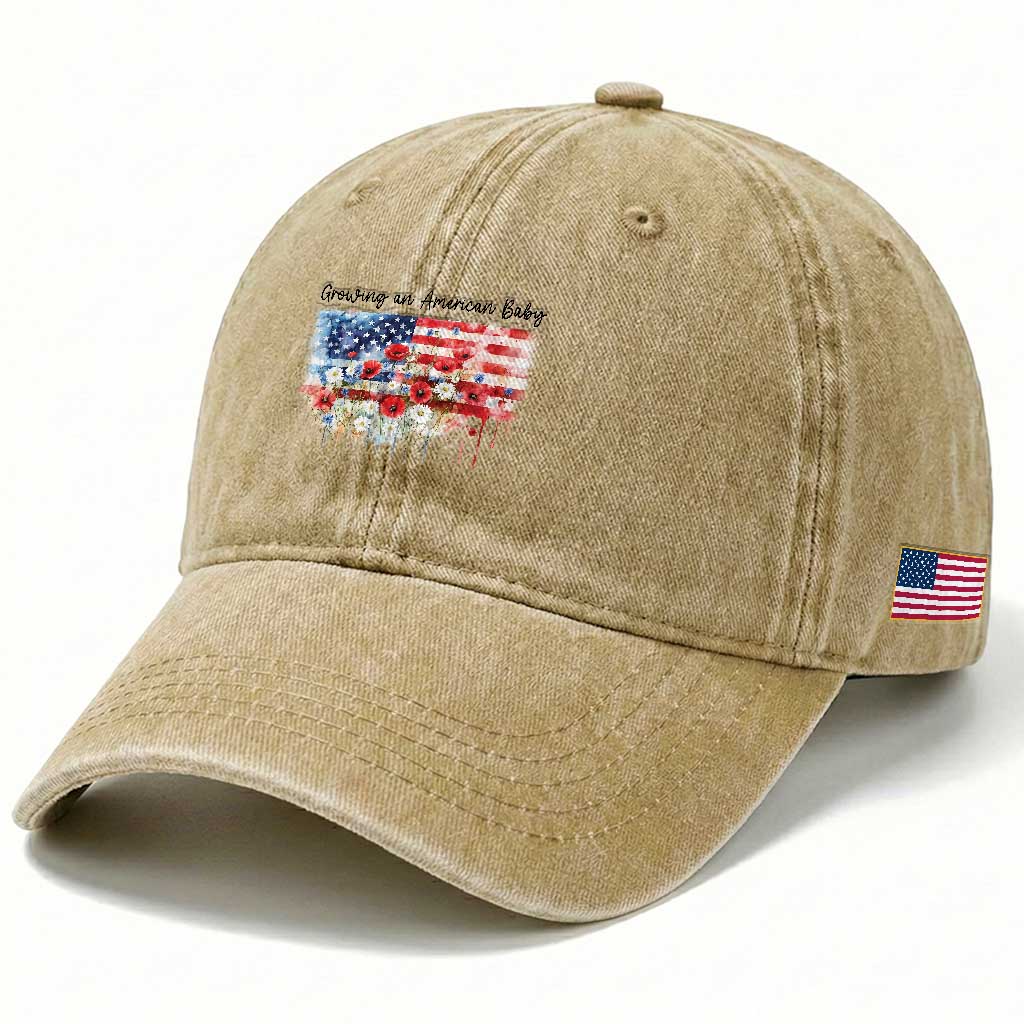 Funny 4th Of July Pregnancy Announcement Washed Cotton Baseball Cap Growing An American Baby USA Flag