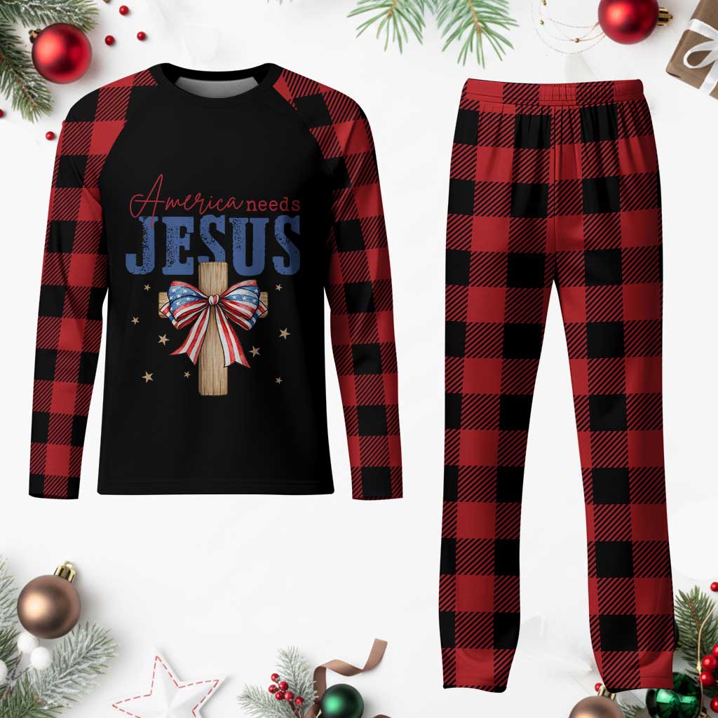 Funny America Needs Jesus Plaid Pajama Set 4th Of July Patriotic Christian Coquette Bow - Wonder Print Shop