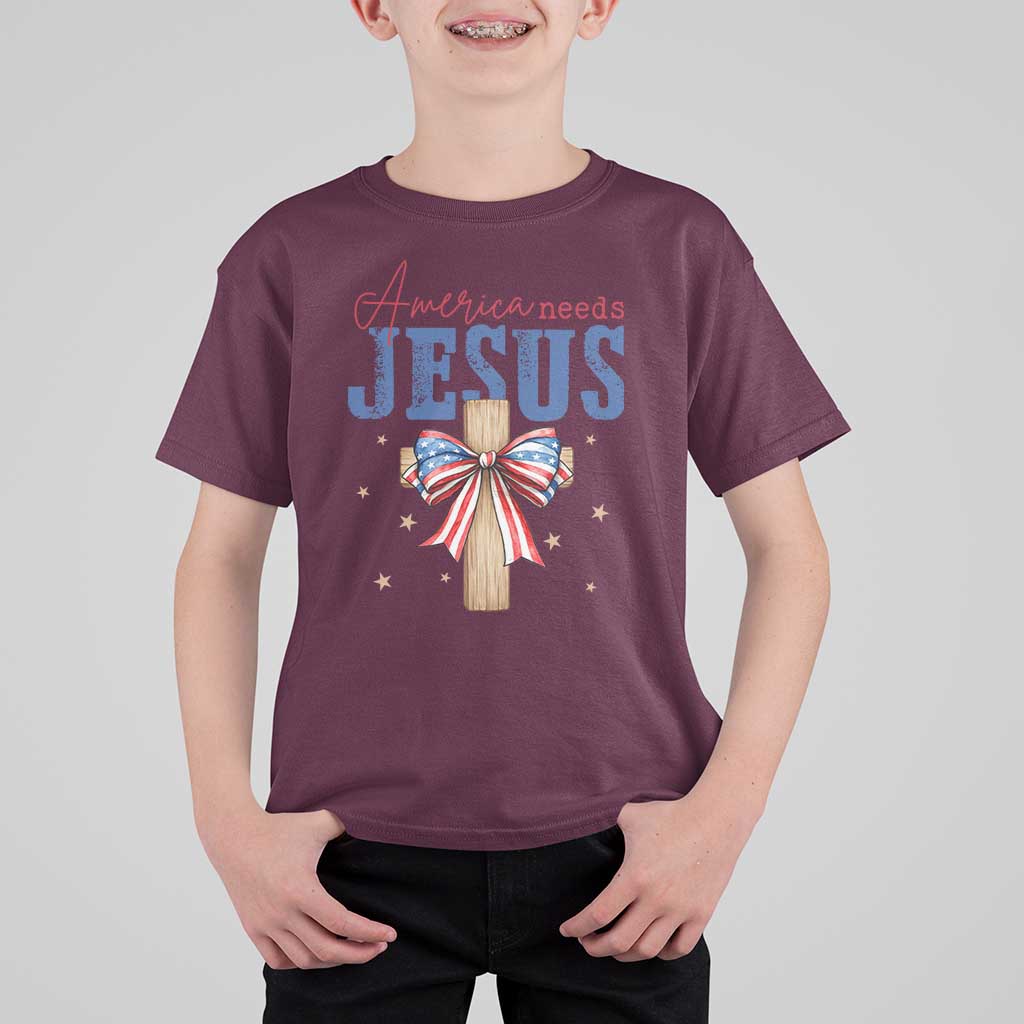 Funny America Needs Jesus T Shirt For Kid 4th Of July Patriotic Christian Coquette Bow - Wonder Print Shop
