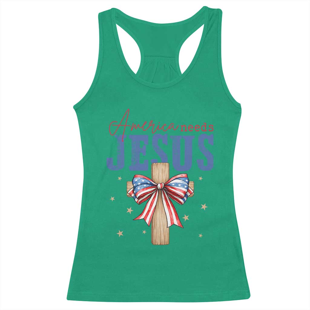 Funny America Needs Jesus Racerback Tank Top 4th Of July Patriotic Christian Coquette Bow - Wonder Print Shop