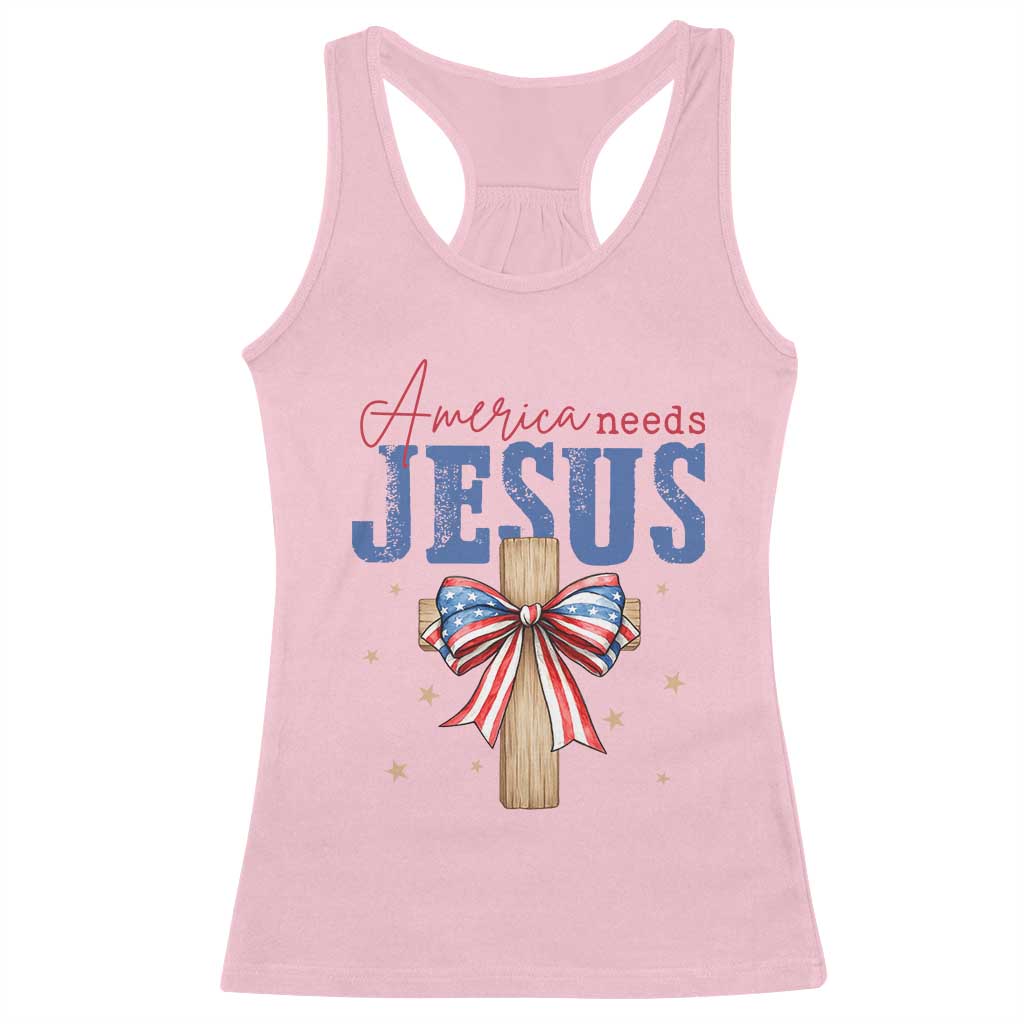 Funny America Needs Jesus Racerback Tank Top 4th Of July Patriotic Christian Coquette Bow - Wonder Print Shop