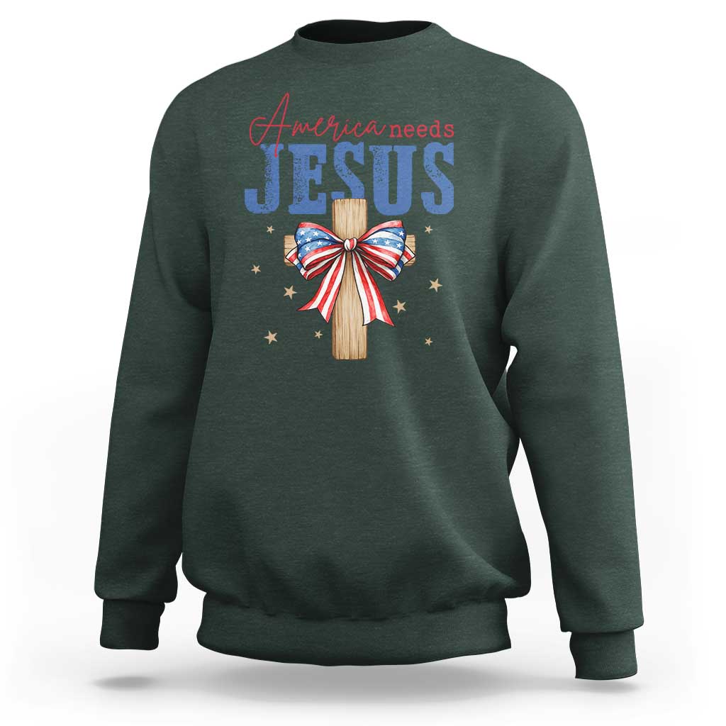 Funny America Needs Jesus Sweatshirt 4th Of July Patriotic Christian Coquette Bow - Wonder Print Shop