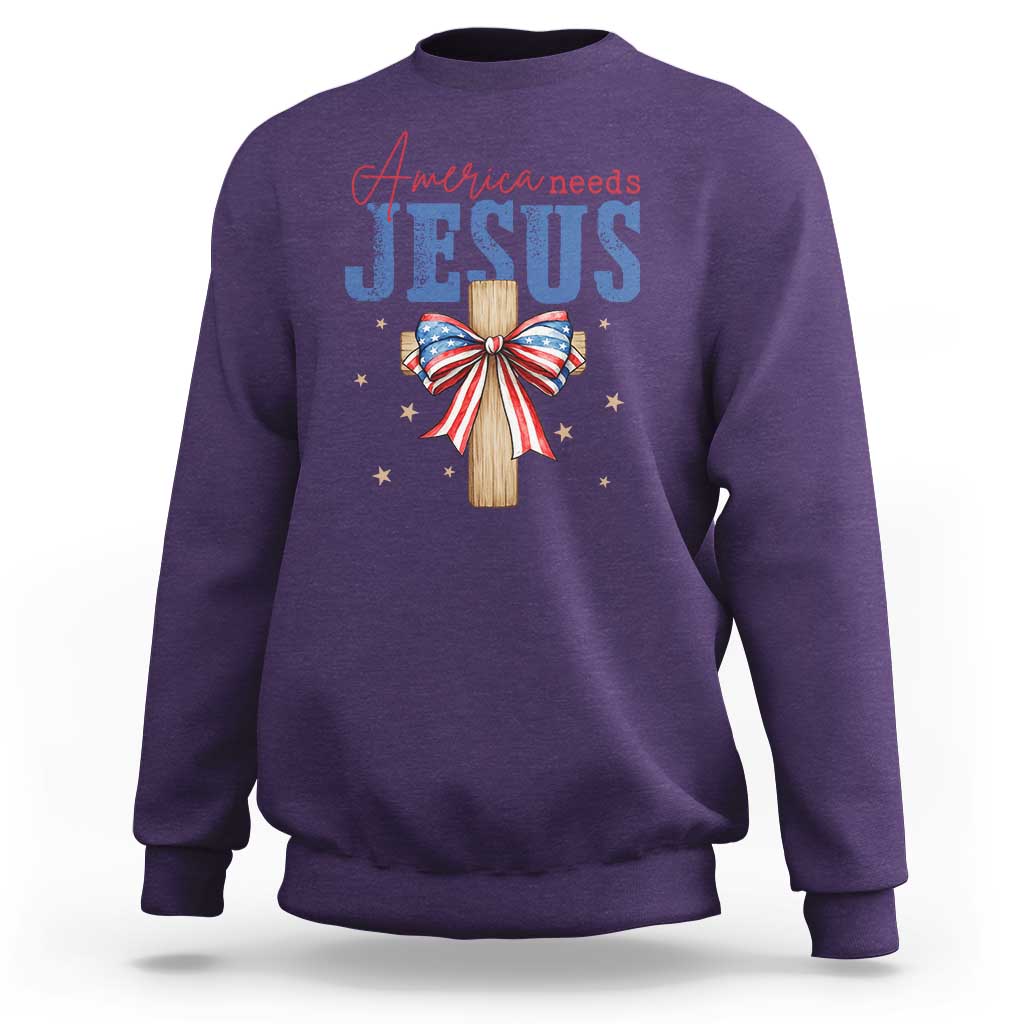 Funny America Needs Jesus Sweatshirt 4th Of July Patriotic Christian Coquette Bow - Wonder Print Shop