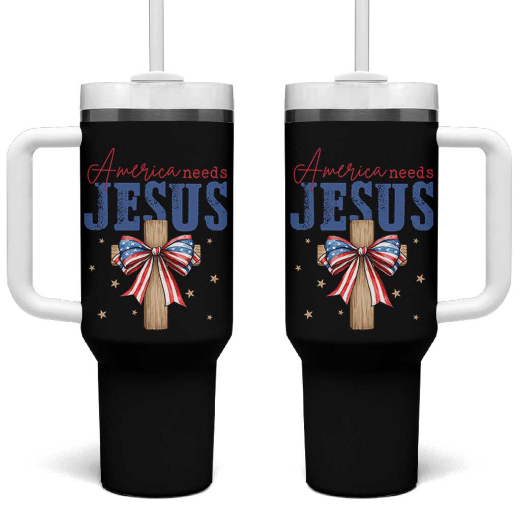 Funny America Needs Jesus Tumbler With Handle 4th Of July Patriotic Christian Coquette Bow - Wonder Print Shop
