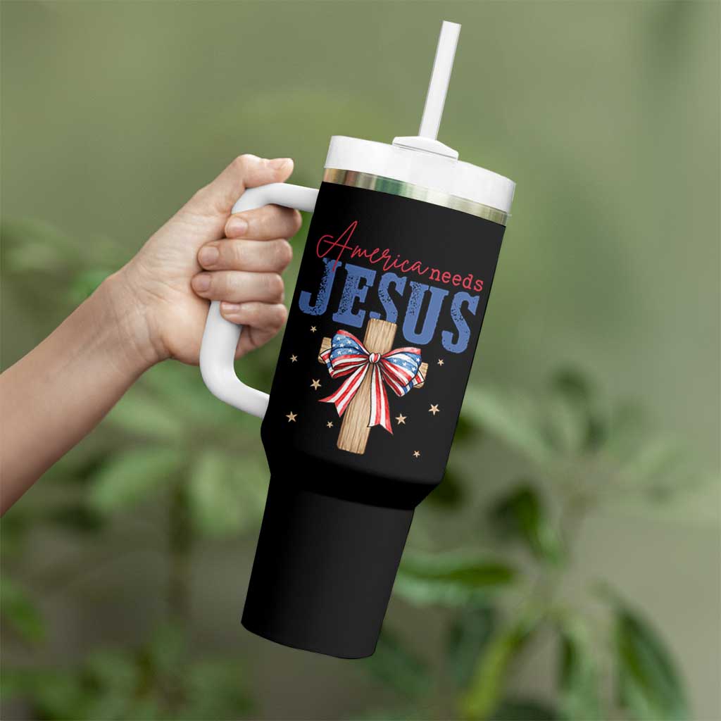 Funny America Needs Jesus Tumbler With Handle 4th Of July Patriotic Christian Coquette Bow - Wonder Print Shop