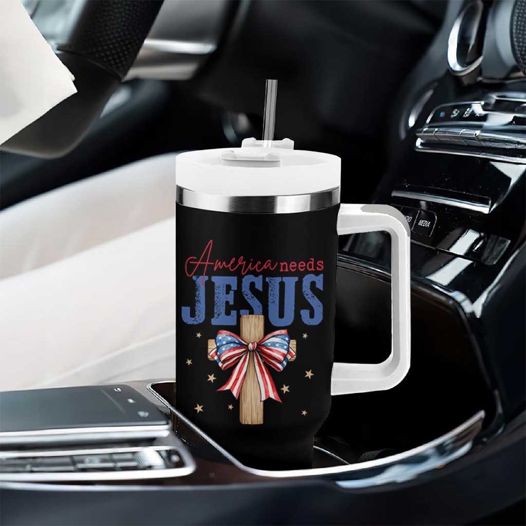 Funny America Needs Jesus Tumbler With Handle 4th Of July Patriotic Christian Coquette Bow - Wonder Print Shop