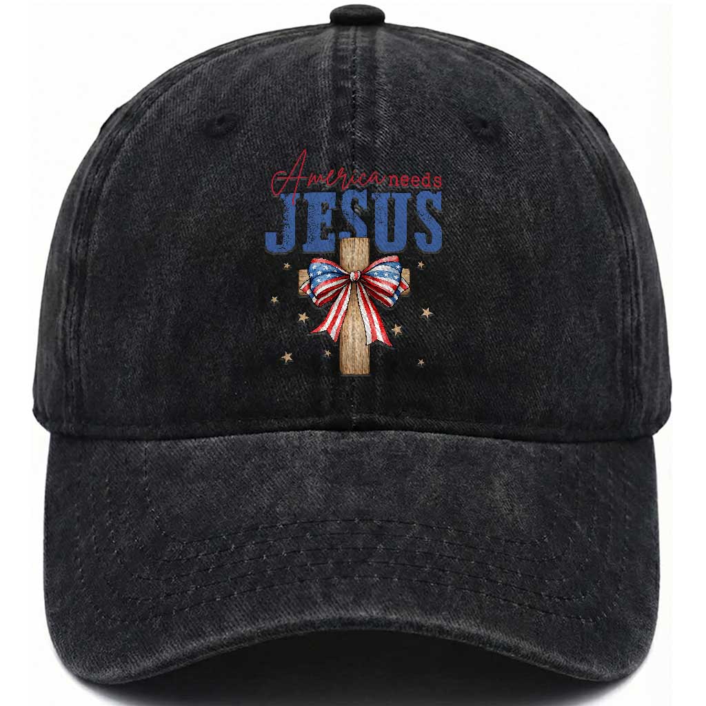 Funny America Needs Jesus Washed Cotton Baseball Cap 4th Of July Patriotic Christian Coquette Bow