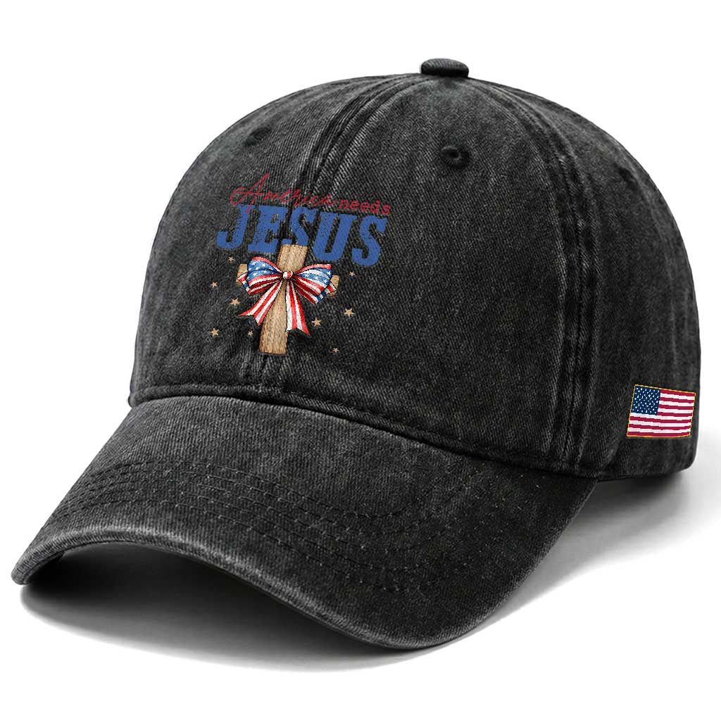 Funny America Needs Jesus Washed Cotton Baseball Cap 4th Of July Patriotic Christian Coquette Bow