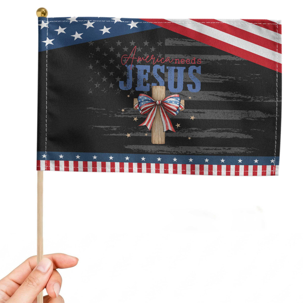 Funny America Needs Jesus Patriotic Handheld Flag 4th Of July Patriotic Christian Coquette Bow
